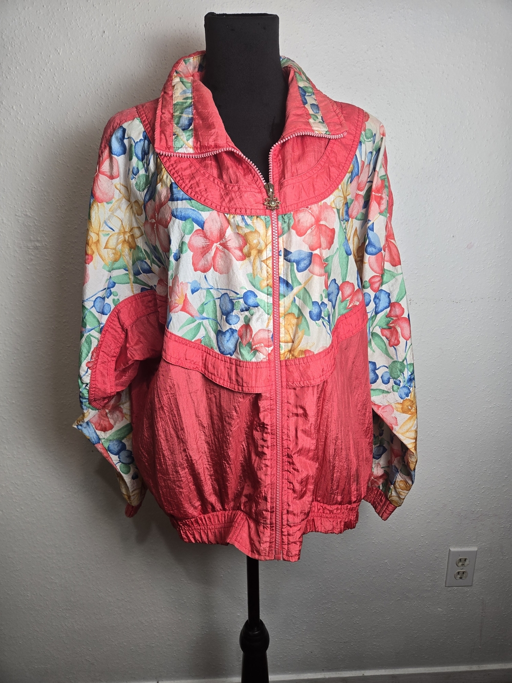 Lavon Vintage Coral Pink Floral Panel Windbreaker Jacket